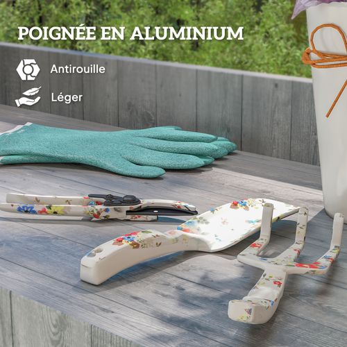 Kit 3 Outils De Jardin - Sécateur, Transplantoir, Griffe à Main - Blanc