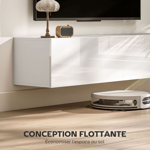 Meuble TV Suspendu Flottant Design Façade Blanc Laqué 2 Portes