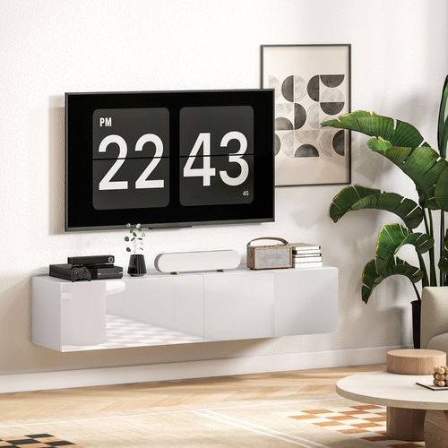 Meuble TV Suspendu Flottant Design Façade Blanc Laqué 2 Portes