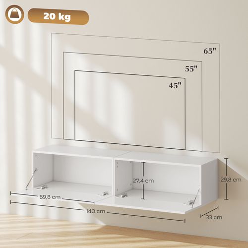 Meuble TV Suspendu Flottant Design Façade Blanc Laqué 2 Portes