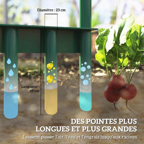 Aérateur De Pelouse Gazon 5 Dents Creuses Dia. 2,3 Cm Acier Thermoplastique Vert