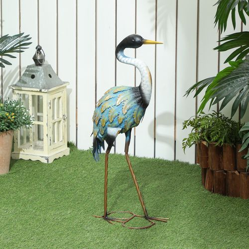 Statue De Jardin Héron H. 63 Cm Métal Bleu Doré