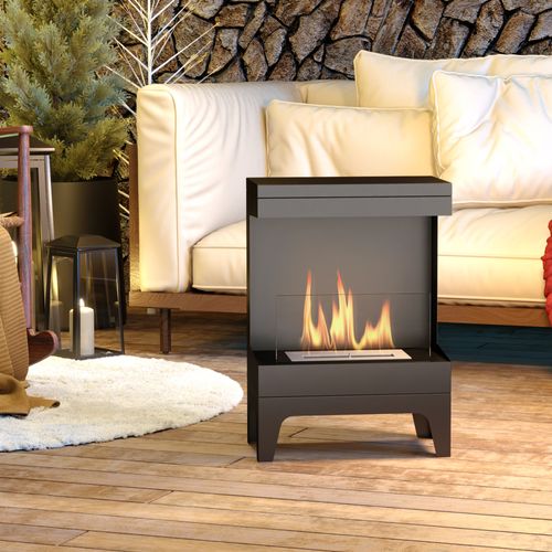 Cheminée Bioéthanol Sur Pied Acier Inox. Noir Verre Trempé