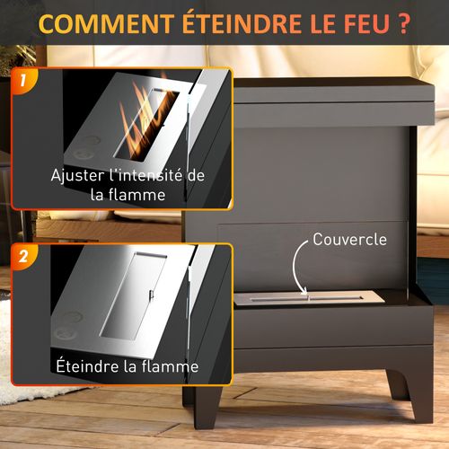 Cheminée Bioéthanol Sur Pied Acier Inox. Noir Verre Trempé