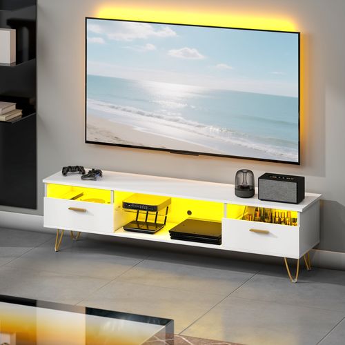 Meuble TV Blanc Laqué LED Design Multi-rangement