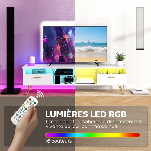 Meuble TV Blanc Laqué LED Design Multi-rangement
