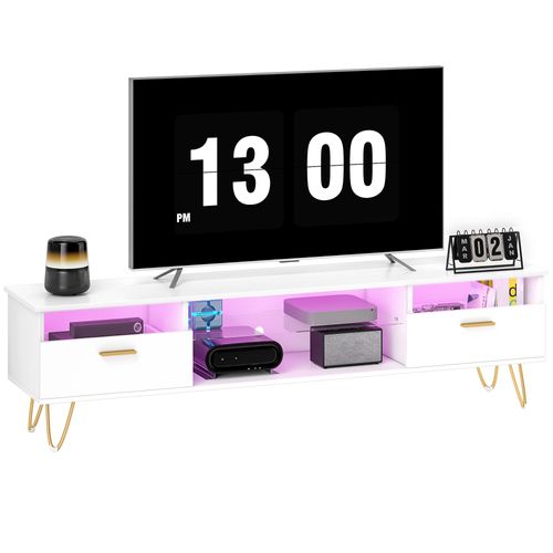 Meuble TV Blanc Laqué LED Design Multi-rangement