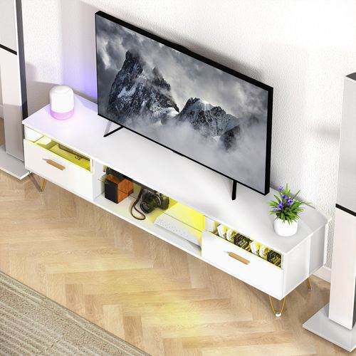 Meuble TV Blanc Laqué LED Design Multi-rangement