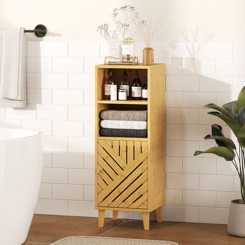 Meuble Bas Salle De Bain Style Cosy Bambou Porte 2 Niches Dim. 32 X 30 X 90 Cm