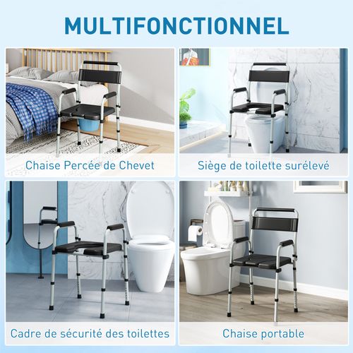 Chaise Percée Toilette Pliable Hauteur Réglable Max. 150 Kg Acier Gris Noir