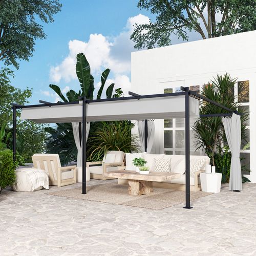 Pergola Coulissante Rétractable 3 X 6 M 4 Rideaux Latéraux Amovibles Gris