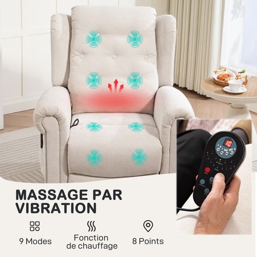 Fauteuil Massant Chauffant Inclinable Repose-pieds Intégré Tissu Toucher Lin Beige