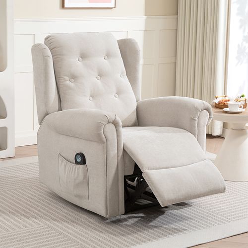 Fauteuil Massant Chauffant Inclinable Repose-pieds Intégré Tissu Toucher Lin Beige