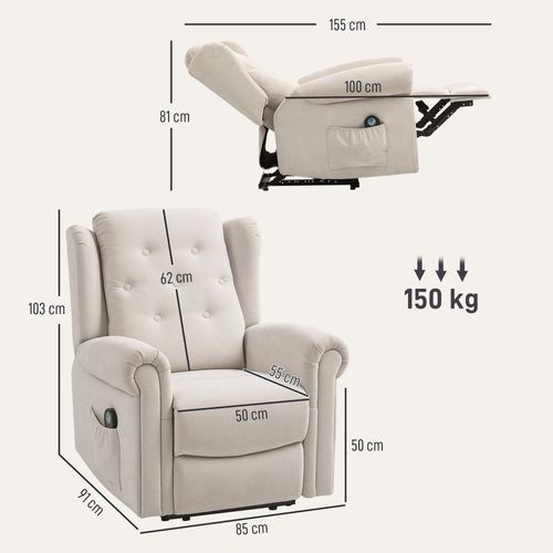 Fauteuil Massant Chauffant Inclinable Repose-pieds Intégré Tissu Toucher Lin Beige