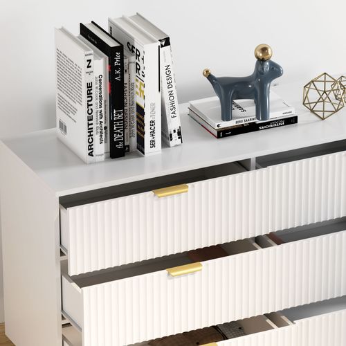 Commode 6 Tiroirs Design Effet Cannelé Piètement Poignées Métal Doré