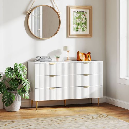 Commode 6 Tiroirs Design Effet Cannelé Piètement Poignées Métal Doré