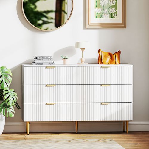 Commode 6 Tiroirs Design Effet Cannelé Piètement Poignées Métal Doré