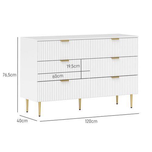 Commode 6 Tiroirs Design Effet Cannelé Piètement Poignées Métal Doré