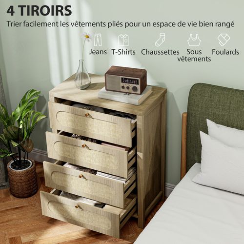 Commode 4 Tiroirs Style Bohème Effet Rotin Poignées Métal Doré Effet Bois Naturel