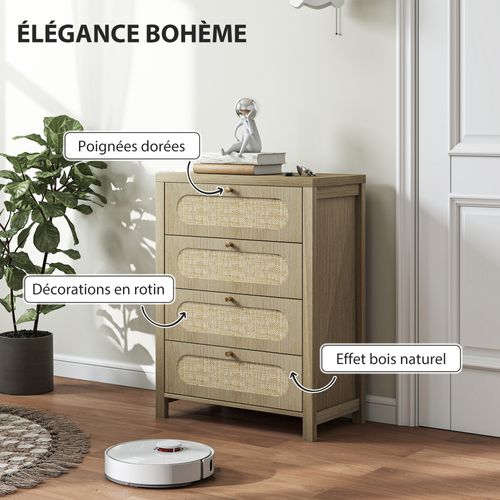 Commode 4 Tiroirs Style Bohème Effet Rotin Poignées Métal Doré Effet Bois Naturel