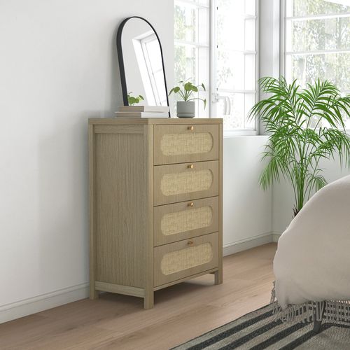 Commode 4 Tiroirs Style Bohème Effet Rotin Poignées Métal Doré Effet Bois Naturel