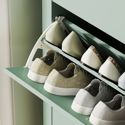 Meuble à Chaussures 3 Portes Battantes Poignées Lanières Effet Cuir