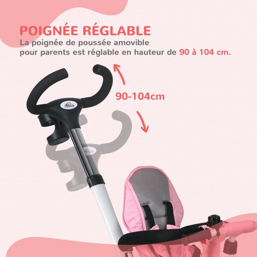 Tricycle Enfant Évolutif Pliable Canne Télescopique Siège Réversible
