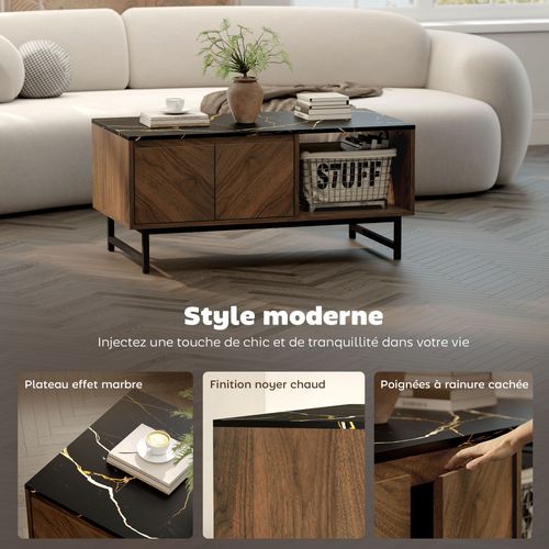 Table Basse Design Effet Bois Plateau Aspect Marbre Noir 2 Portes Et 2 Niches