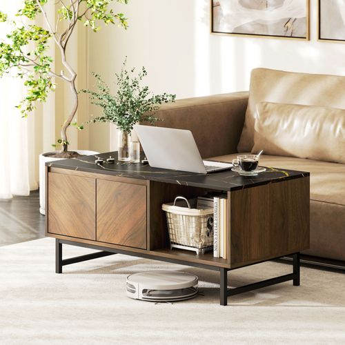 Table Basse Design Effet Bois Plateau Aspect Marbre Noir 2 Portes Et 2 Niches