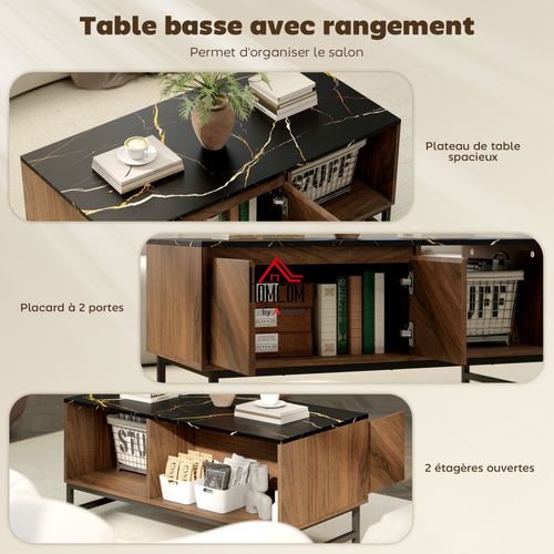 Table Basse Design Effet Bois Plateau Aspect Marbre Noir 2 Portes Et 2 Niches
