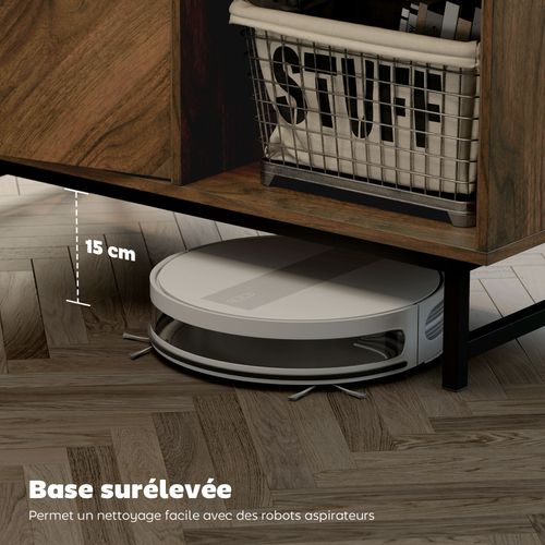 Table Basse Design Effet Bois Plateau Aspect Marbre Noir 2 Portes Et 2 Niches
