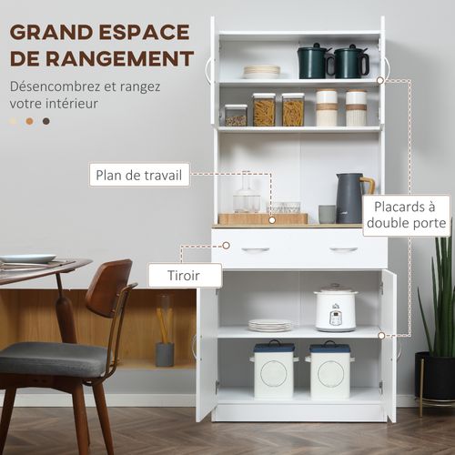 Buffet Haut Cuisine - 4 Portes, 2 Étagères, Grand Tiroir, Plan De Travail - Blanc