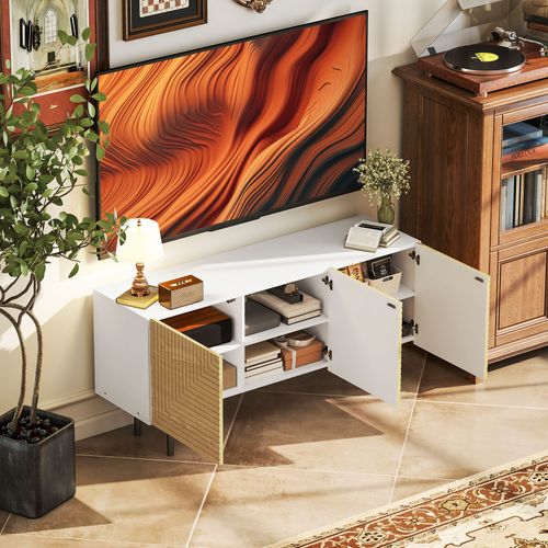 Meuble TV Banc TV Design Graphique - 3 Portes, 3 Étagères - Blanc Effet Bois