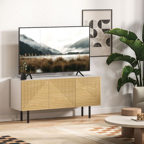 Meuble TV Banc TV Design Graphique - 3 Portes, 3 Étagères - Blanc Effet Bois