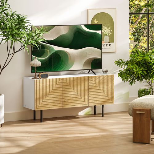 Meuble TV Banc TV Design Graphique - 3 Portes, 3 Étagères - Blanc Effet Bois