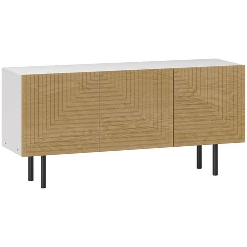 Meuble TV Banc TV Design Graphique - 3 Portes, 3 Étagères - Blanc Effet Bois
