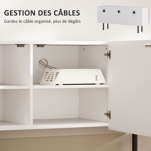 Meuble TV Banc TV Design Graphique - 3 Portes, 3 Étagères - Blanc Effet Bois