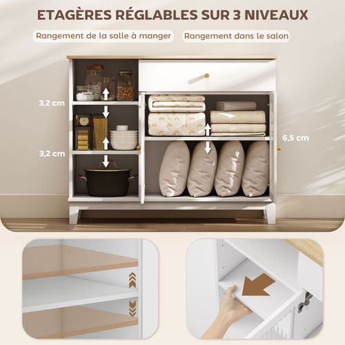 Buffet 2 Portes Verre Effet Cannelé Étagère Tiroir 3 Niches Blanc Effet Bois Clair