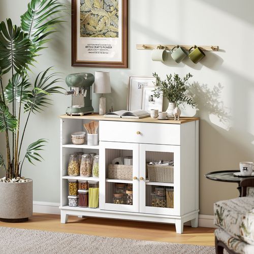 Buffet 2 Portes Verre Effet Cannelé Étagère Tiroir 3 Niches Blanc Effet Bois Clair