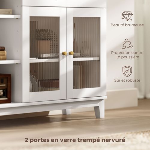 Buffet 2 Portes Verre Effet Cannelé Étagère Tiroir 3 Niches Blanc Effet Bois Clair