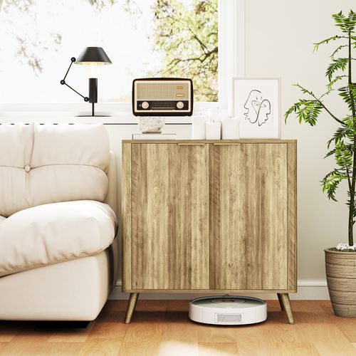 Buffet Sur Pieds Design Effet Bois Façade Cannelée 2 Portes Étagère