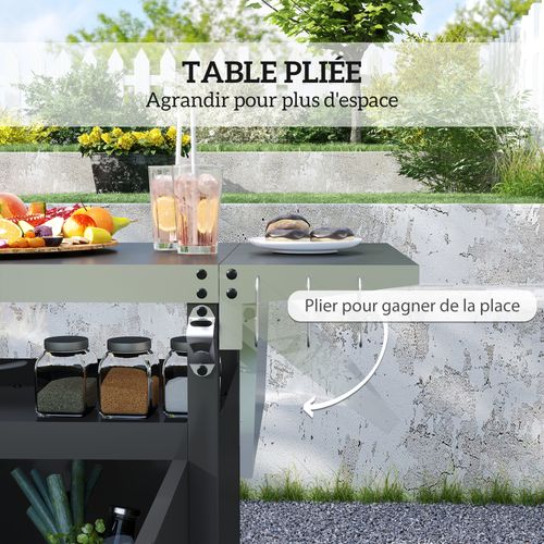 Desserte De Jardin Plancha Barbecue - 2 Portes, Tablette Pliable, 3 Crochets - Acier Noir