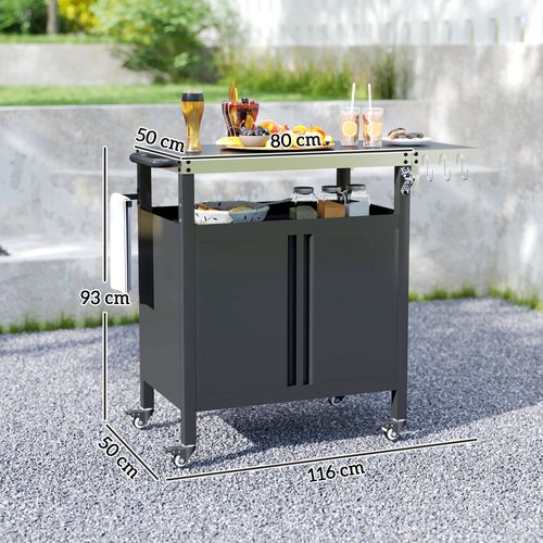 Desserte De Jardin Plancha Barbecue - 2 Portes, Tablette Pliable, 3 Crochets - Acier Noir