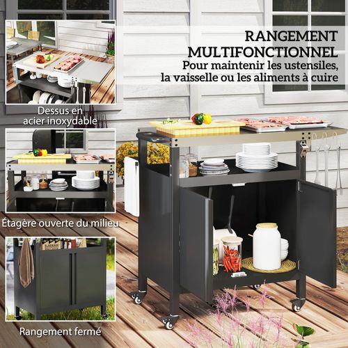 Desserte De Jardin Plancha Barbecue - 2 Portes, Tablette Pliable, 3 Crochets - Acier Noir