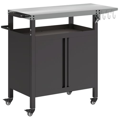 Desserte De Jardin Plancha Barbecue - 2 Portes, Tablette Pliable, 3 Crochets - Acier Noir