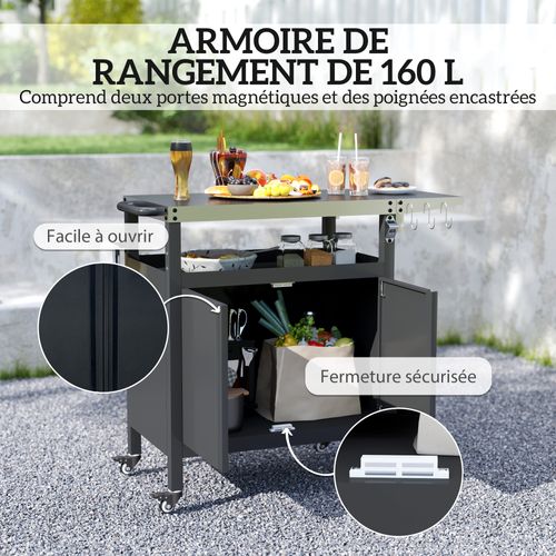 Desserte De Jardin Plancha Barbecue - 2 Portes, Tablette Pliable, 3 Crochets - Acier Noir