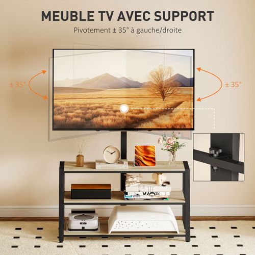 Meuble TV Avec Support Orientable 35° - 3 Étagères - Acier Noir Effet Bois Clair