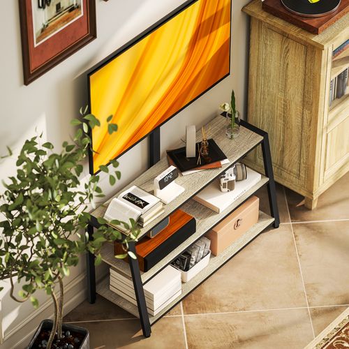 Meuble TV Avec Support Orientable 35° - 3 Étagères - Acier Noir Effet Bois Clair