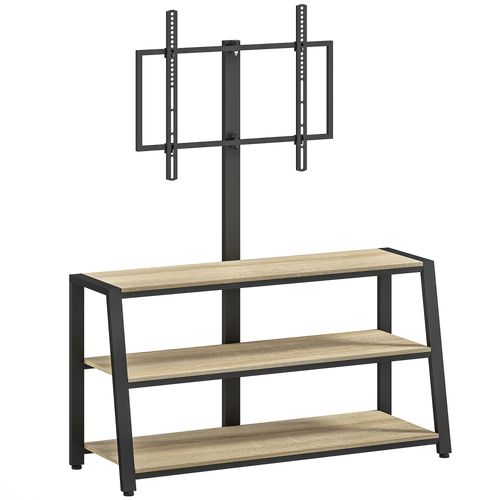 Meuble TV Avec Support Orientable 35° - 3 Étagères - Acier Noir Effet Bois Clair