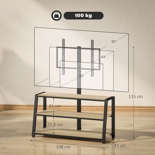 Meuble TV Avec Support Orientable 35° - 3 Étagères - Acier Noir Effet Bois Clair
